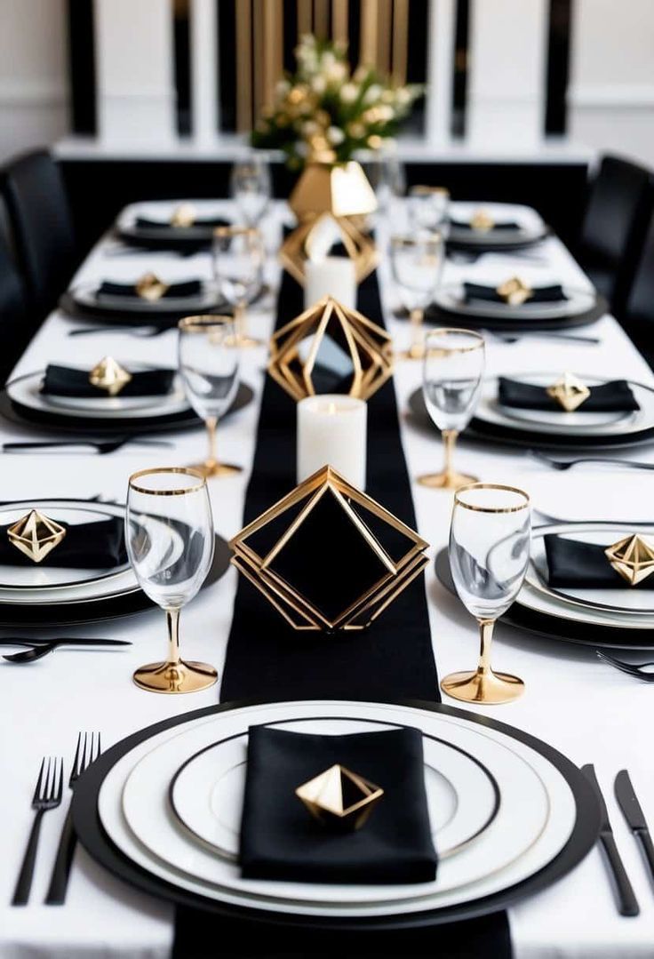 Black and gold luxury table styling with formal place settings